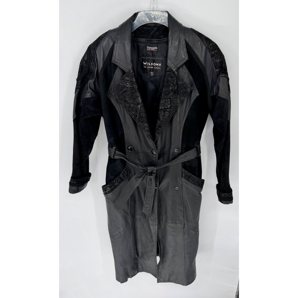 Vintage Wilsons Womens Leather Long Coat Petite Medium Black Paisley Suede Trim